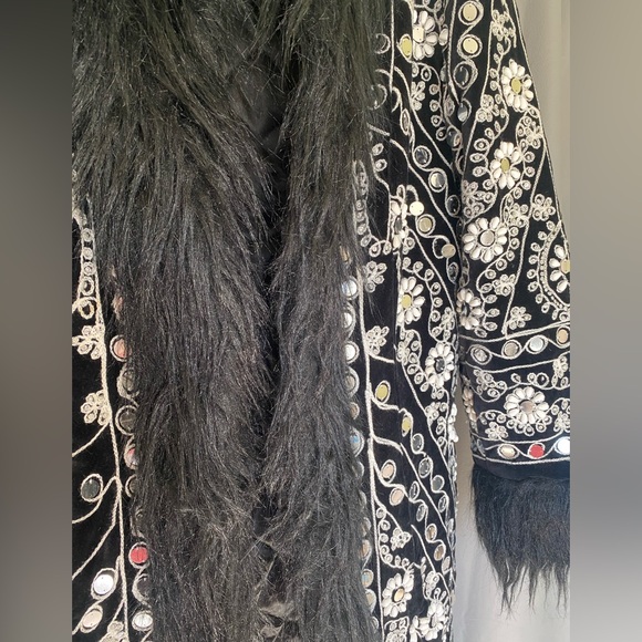 Talisman Embellished Coachella Boho Coat w/ Faux Fur Trim, Size Extra Large - Picture 6 of 10